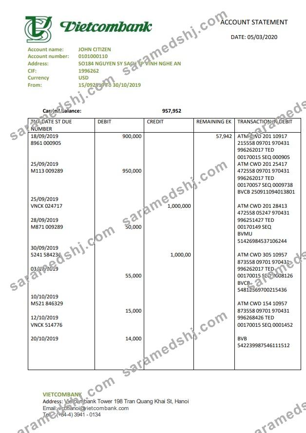 Vietnam Vietcombank statement